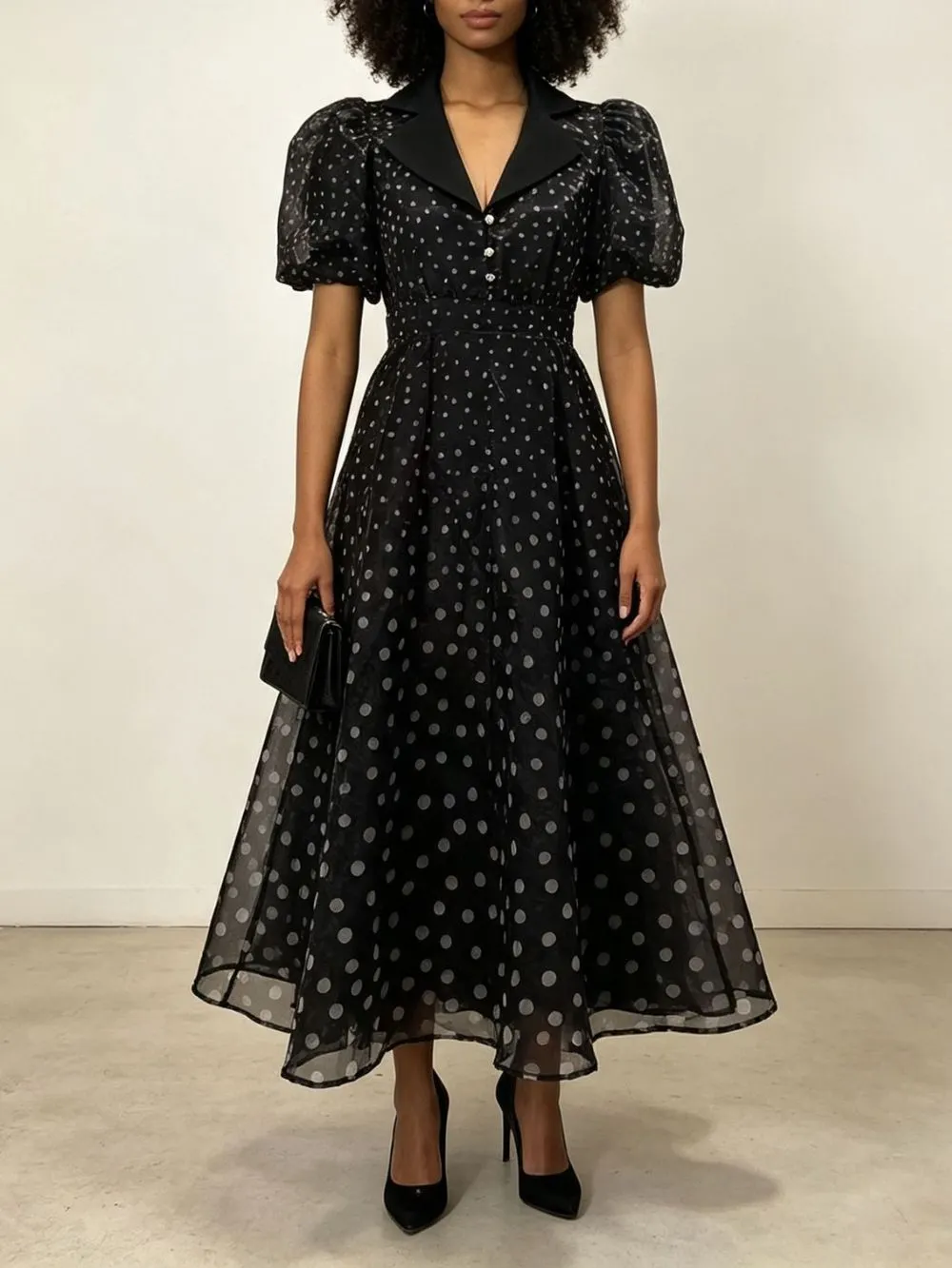 Maxence Black Polka Dot Puff-Sleeve Midi Dress - OWNCI Maxence Black Polka Dot Puff-Sleeve Midi Dress - OWNCI