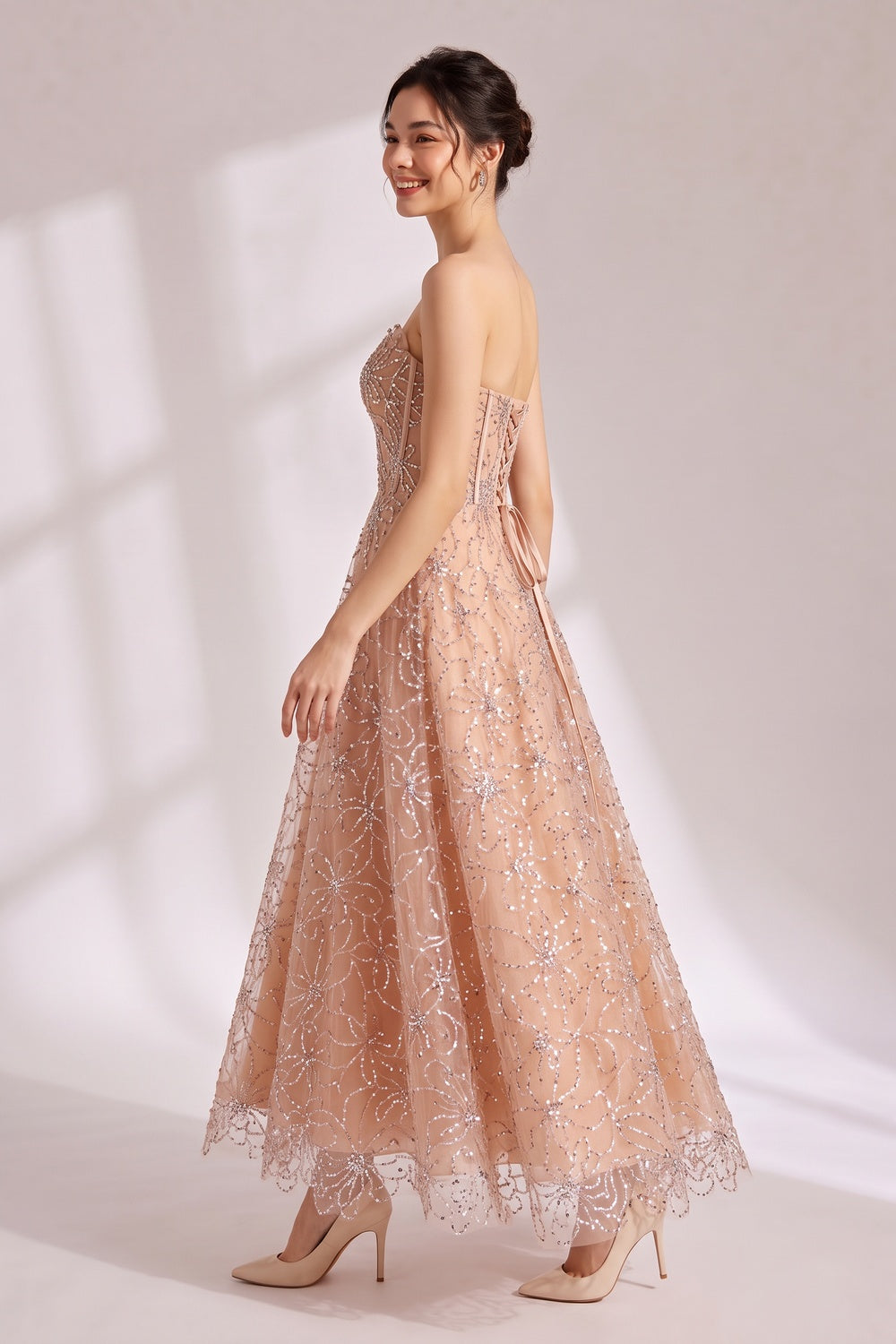 Nude Beaded Strapless Maxi Dress - OWNCI
