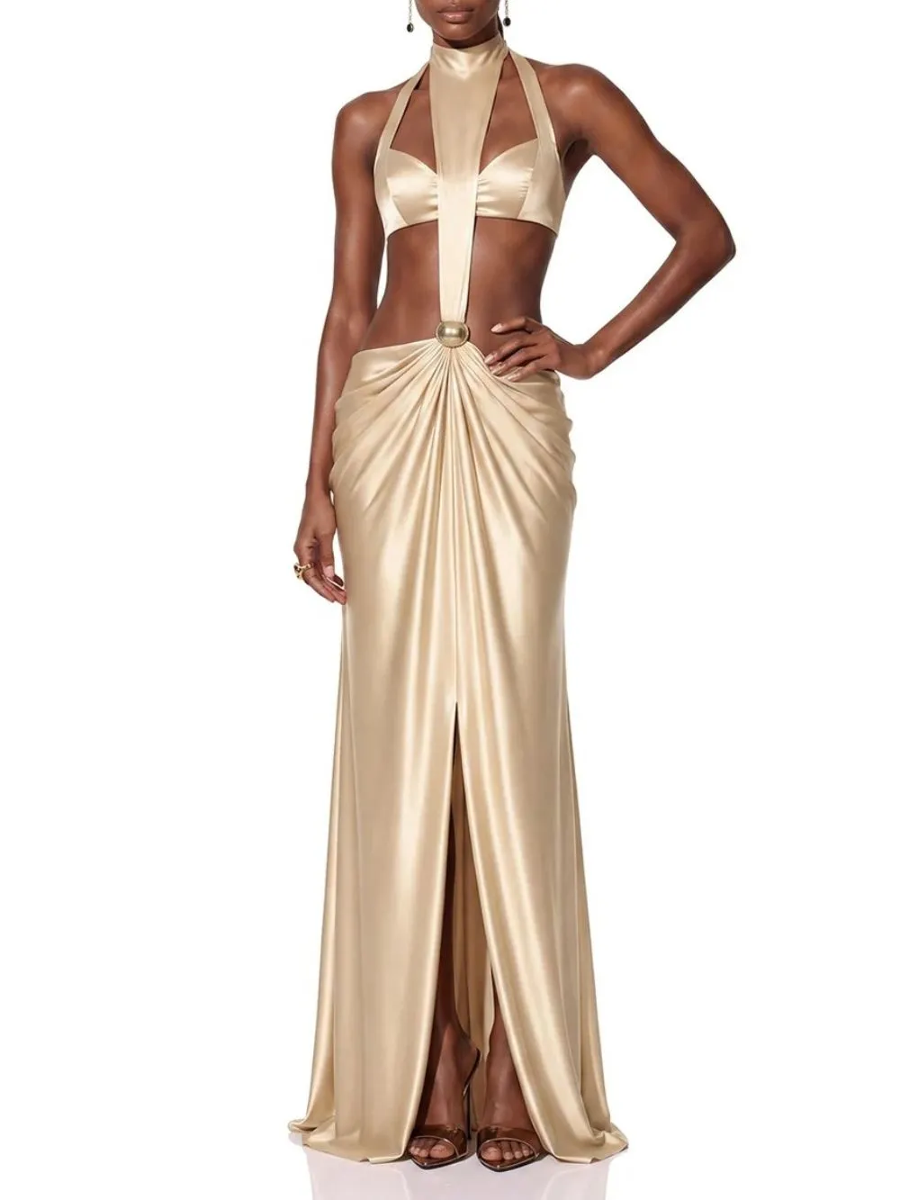 Brumel Cutout Ruched Satin Maxi Dress - OWNCI Brumel Cutout Ruched Satin Maxi Dress - OWNCI