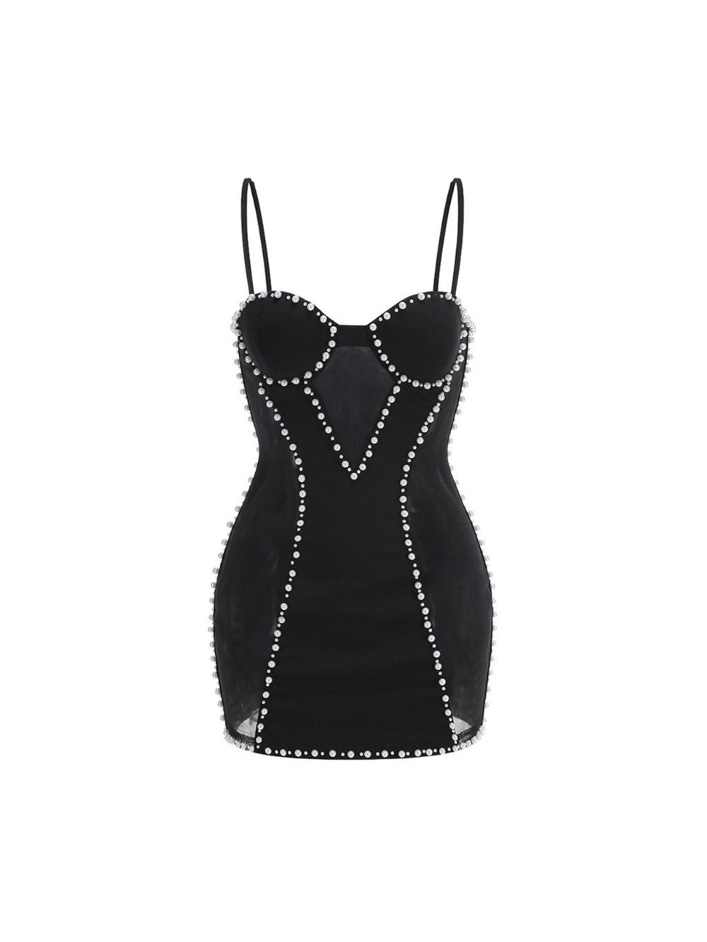 Melea Black Spaghetti Pearl Mini Dress - OWNCI
