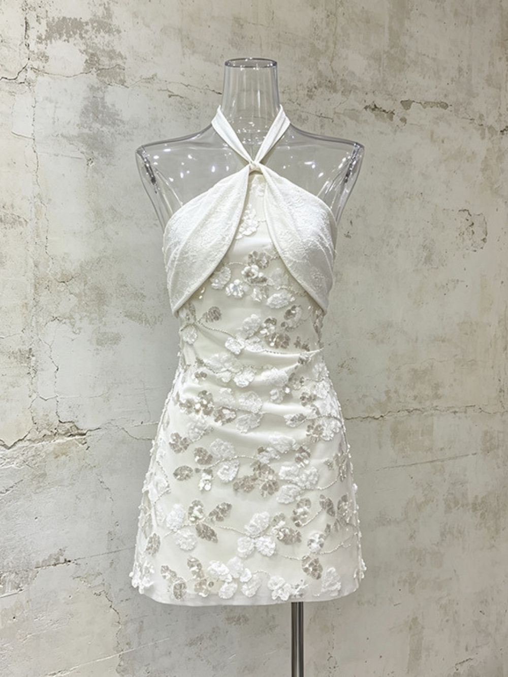 Maulana White Halter Sequin Embroidery Mini Dress - OWNCI