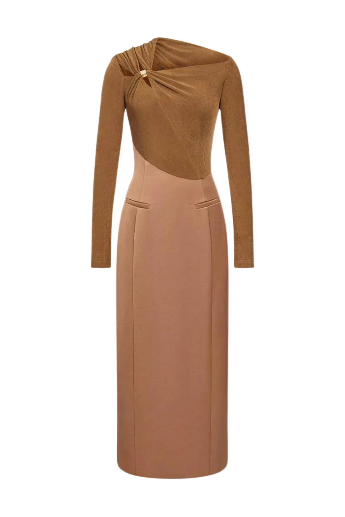 Samaro Asymmetric Cutout Panel Midi Dress – Brown - OWNCI Samaro Asymmetric Cutout Panel Midi Dress – Brown - OWNCI