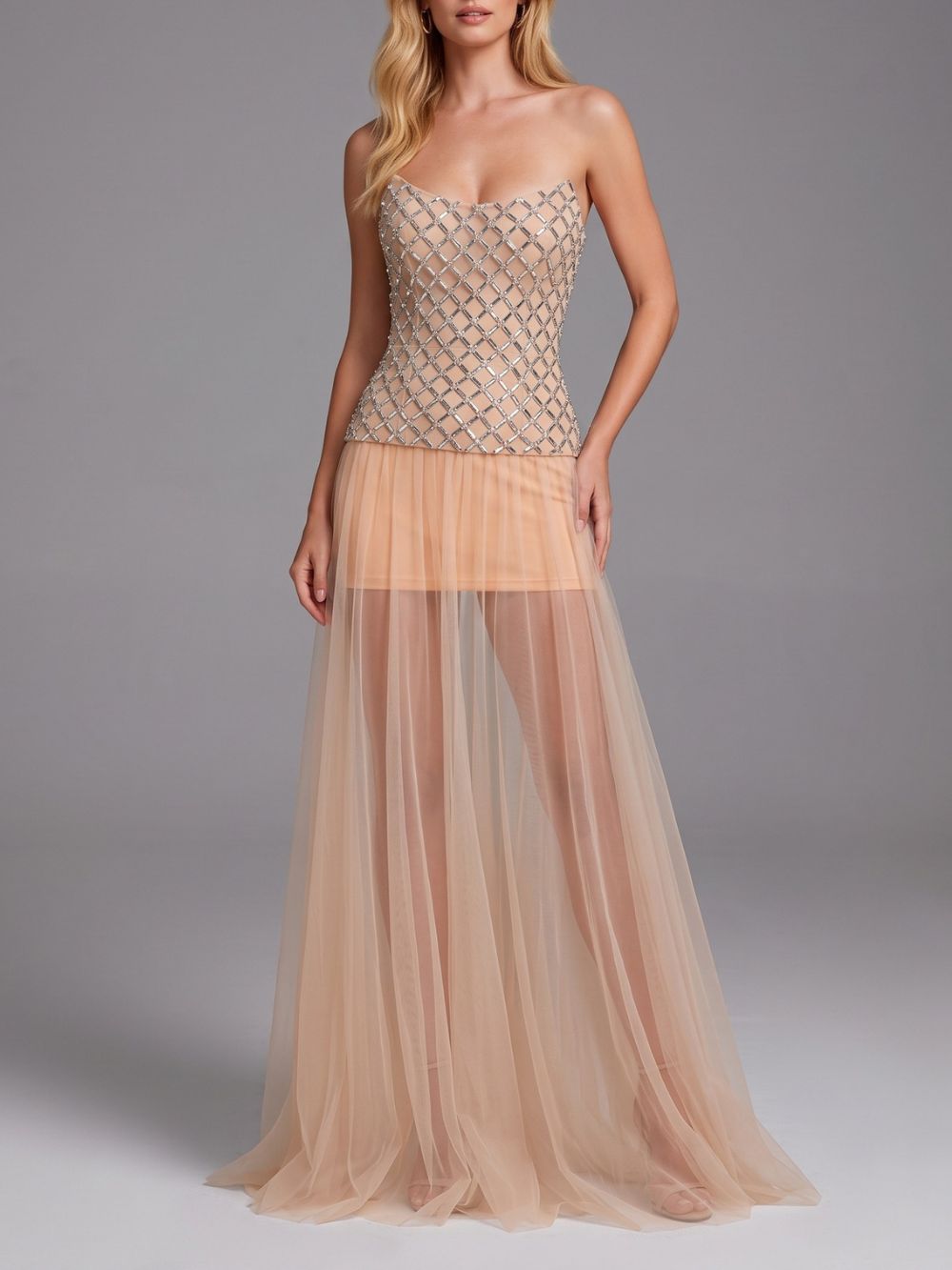 Strapless Embellished Mesh A Line Maxi Dress - OWNCI