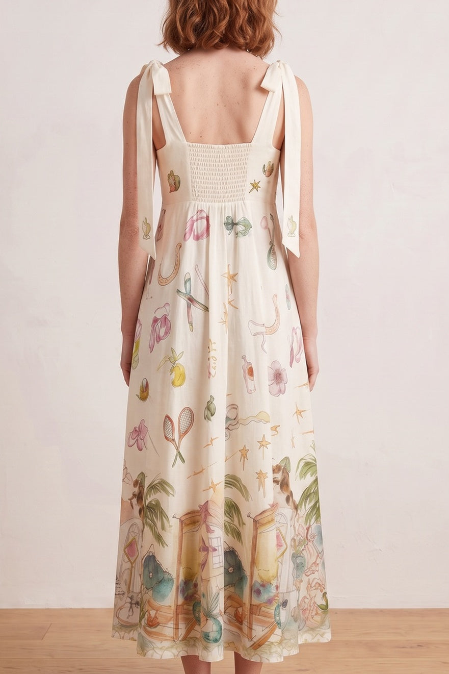 Bow Strap Whimsical Print Empire Midi Dress - OWNCI Bow Strap Whimsical Print Empire Midi Dress - OWNCI