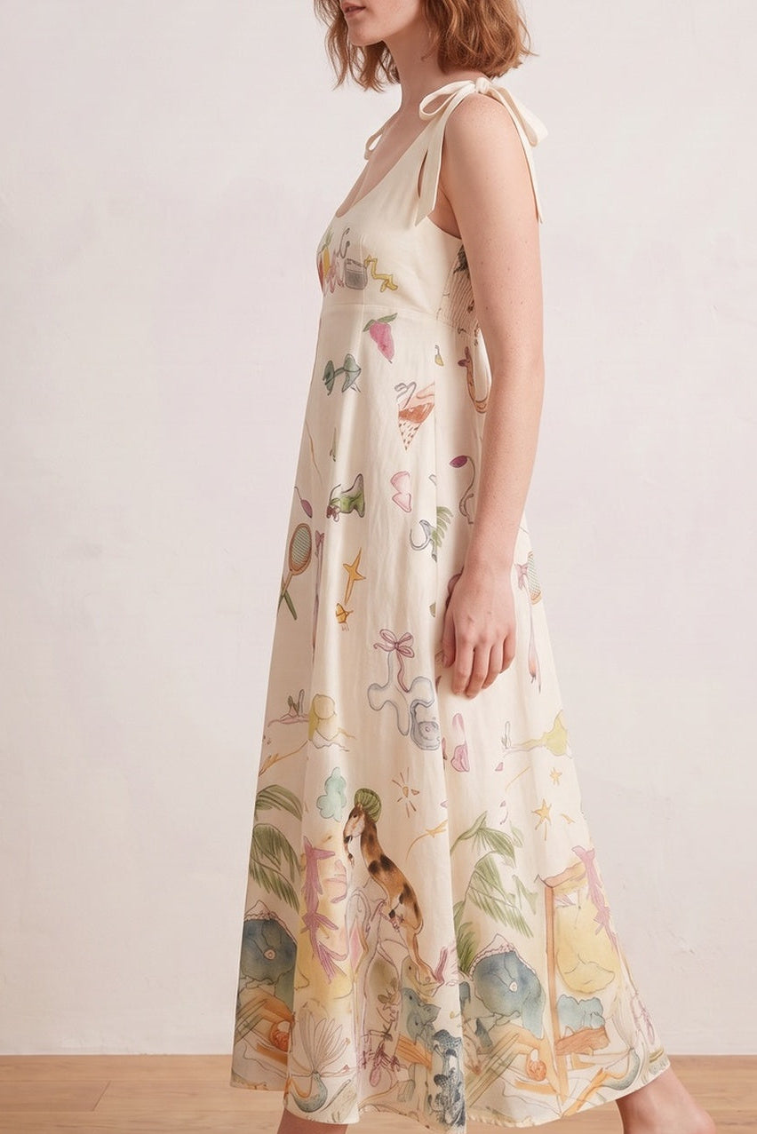 Bow Strap Whimsical Print Empire Midi Dress - OWNCI