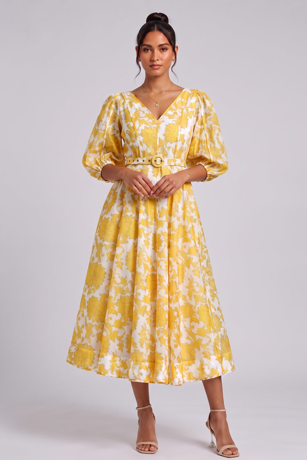 Yellow Floral Midi Dress with Belt - OWNCI Yellow Floral Midi Dress with Belt - OWNCI