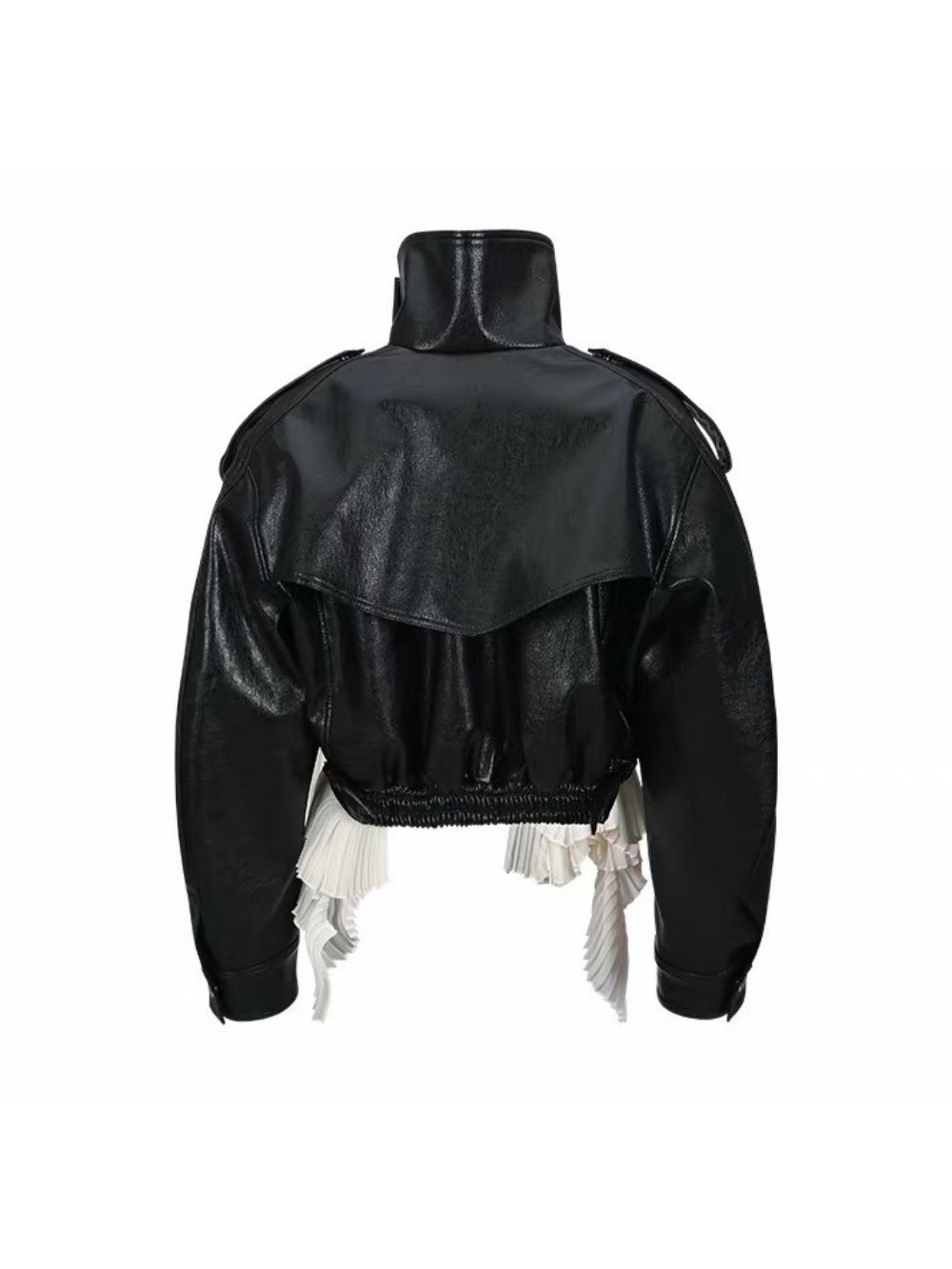 Maysa Black PU Leather Ruffle Jacket - OWNCI