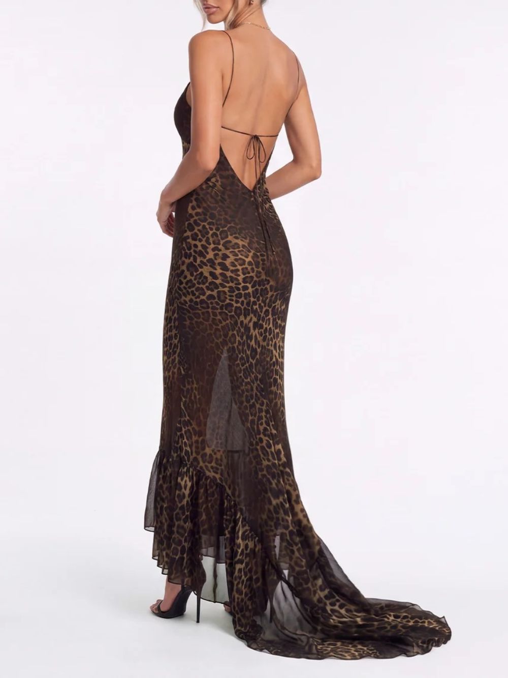 Yalvok Spaghetti Leopard Ruffle Maxi dress - OWNCI