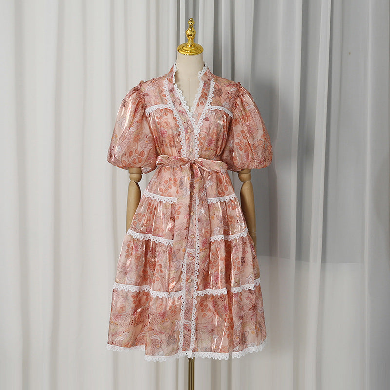 Peach Organza A-Line Tiered Maxi Dress with Botanical Floral Print - OWNCI Peach Organza A-Line Tiered Maxi Dress with Botanical Floral Print - OWNCI