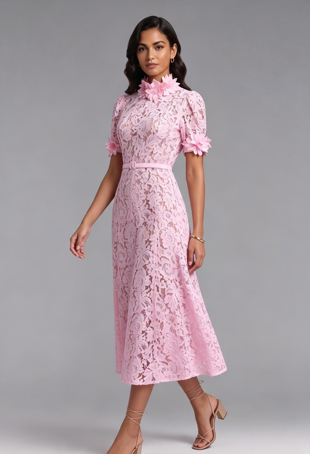 Pink Floral Lace A-Line Midi Dress - OWNCI