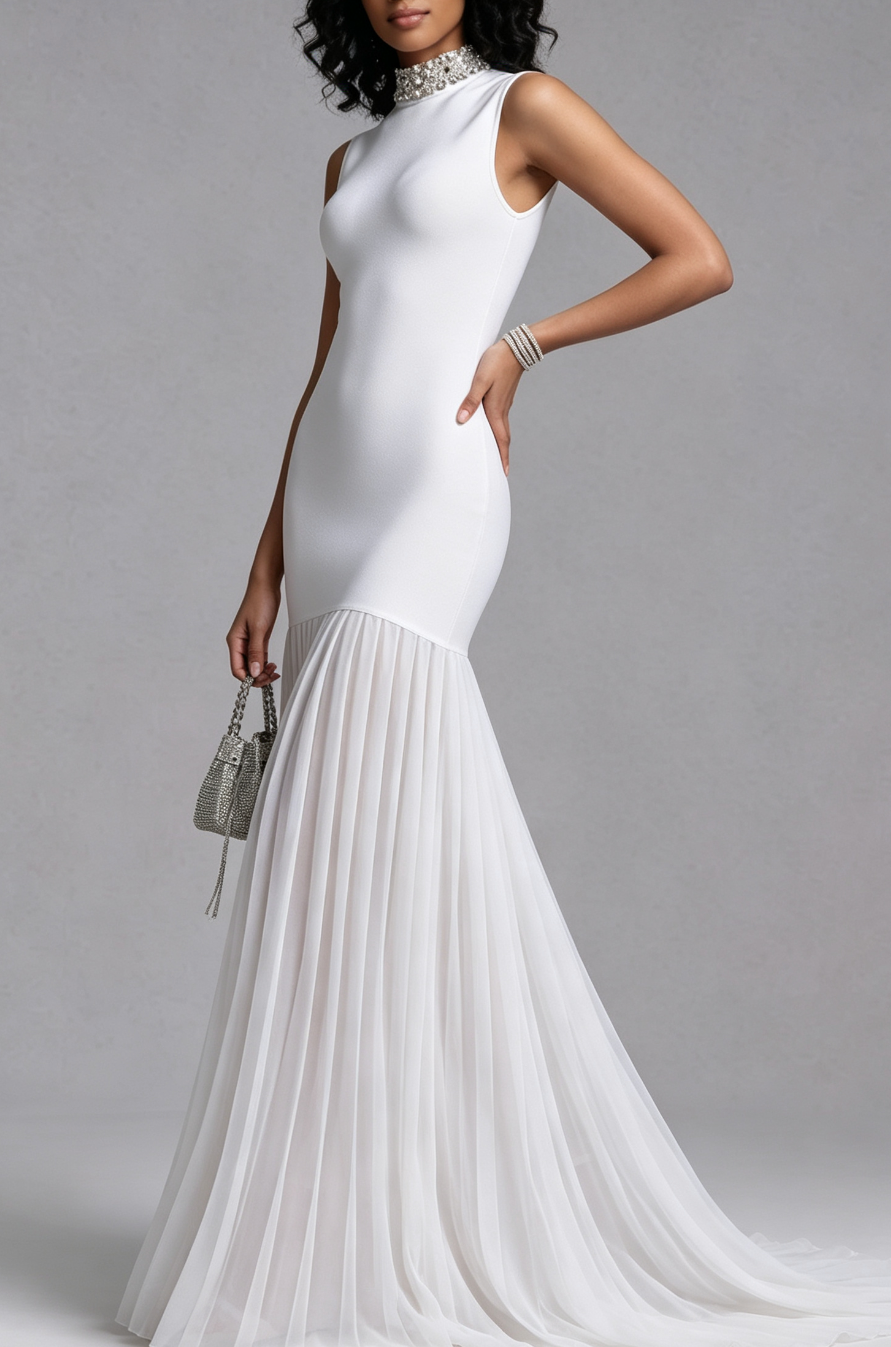 Rhinestone High Neck Sleeveless Bandage Chiffon Maxi Dress - OWNCI