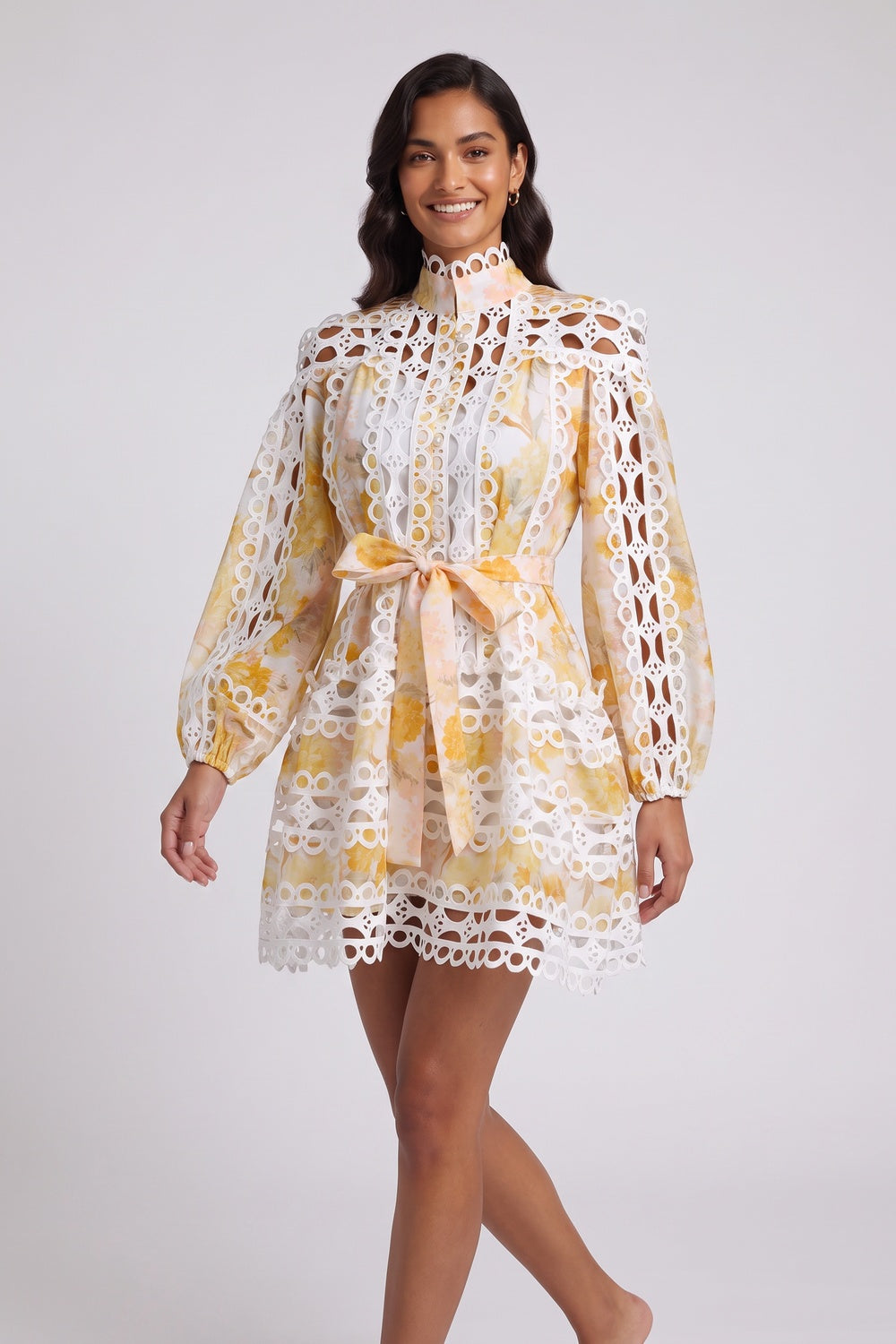 White & Yellow Floral A-Line Mini Dress with Lace Panels - OWNCI