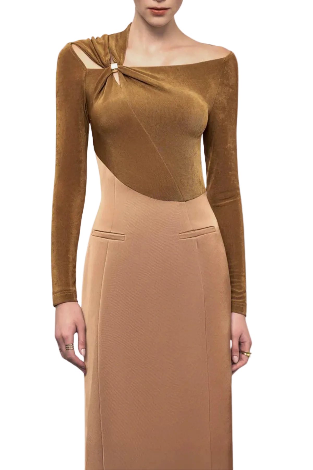 Samaro Asymmetric Cutout Panel Midi Dress – Brown - OWNCI