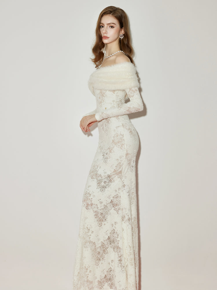 Julia Off-Shoulder Fur Collar Long Sleeve Lace Maxi Dress In White - OWNCI Julia Off-Shoulder Fur Collar Long Sleeve Lace Maxi Dress In White - OWNCI