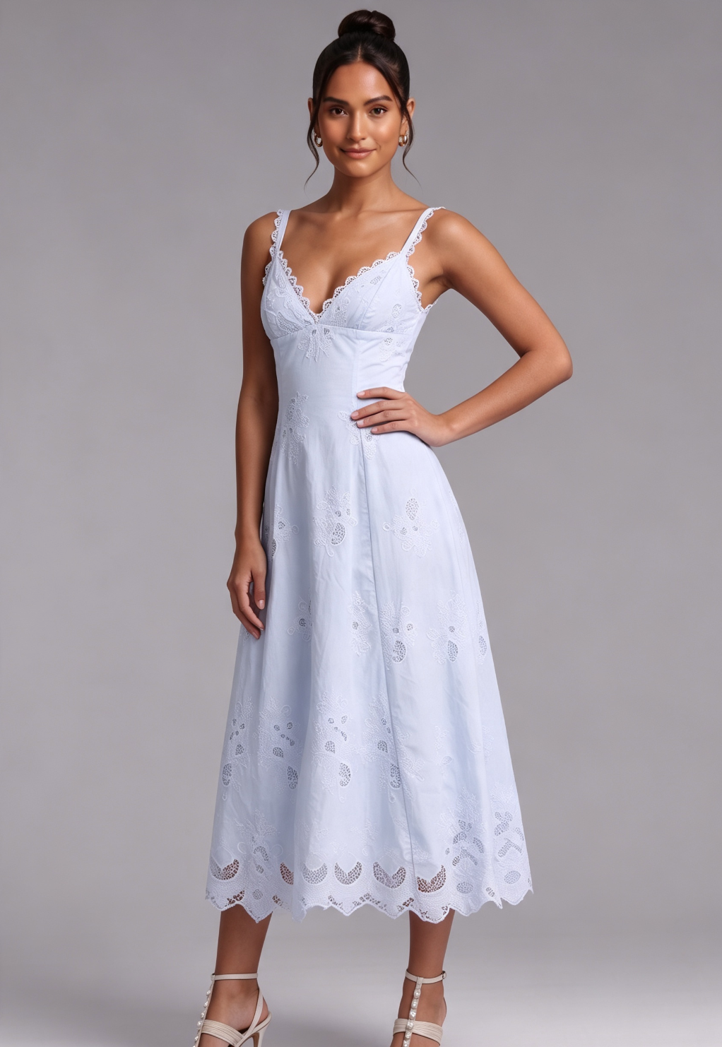 Light Blue Cotton Eyelet A-Line Midi Dress - OWNCI Light Blue Cotton Eyelet A-Line Midi Dress - OWNCI