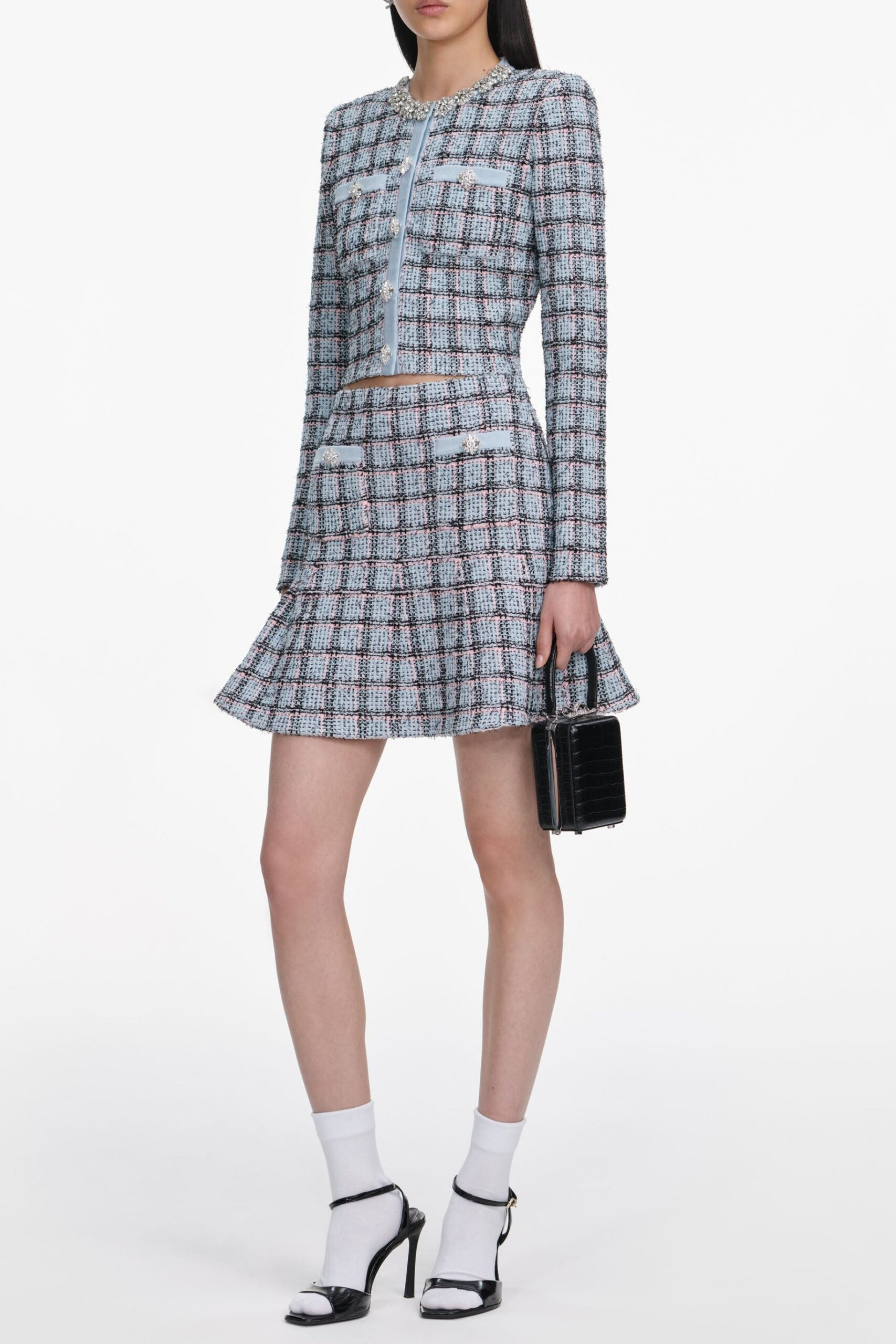 Marjorie Rhinestone Check Knit Cardigan Skirt Set – Pale Blue - OWNCI