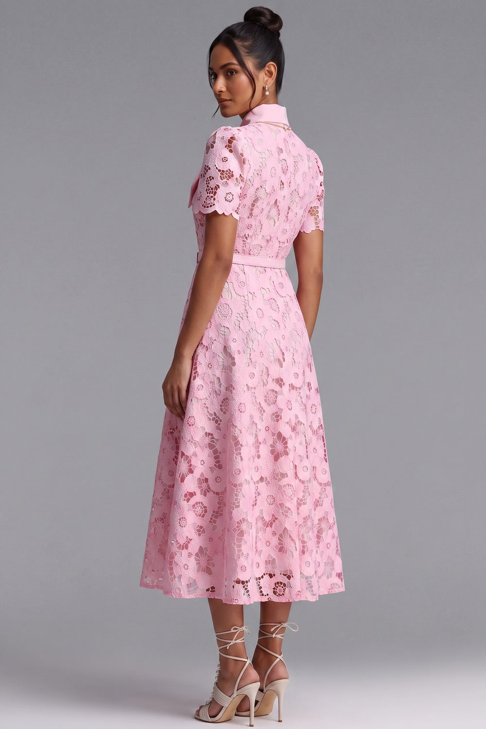 Light Pink Floral Lace A-Line Midi Dress - OWNCI Light Pink Floral Lace A-Line Midi Dress - OWNCI
