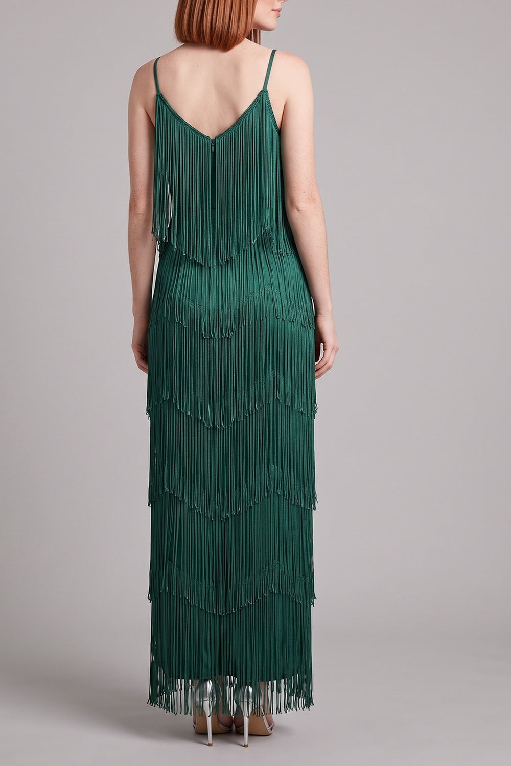 Spaghetti Strap V-Neck Layered Fringe Maxi Dress - OWNCI