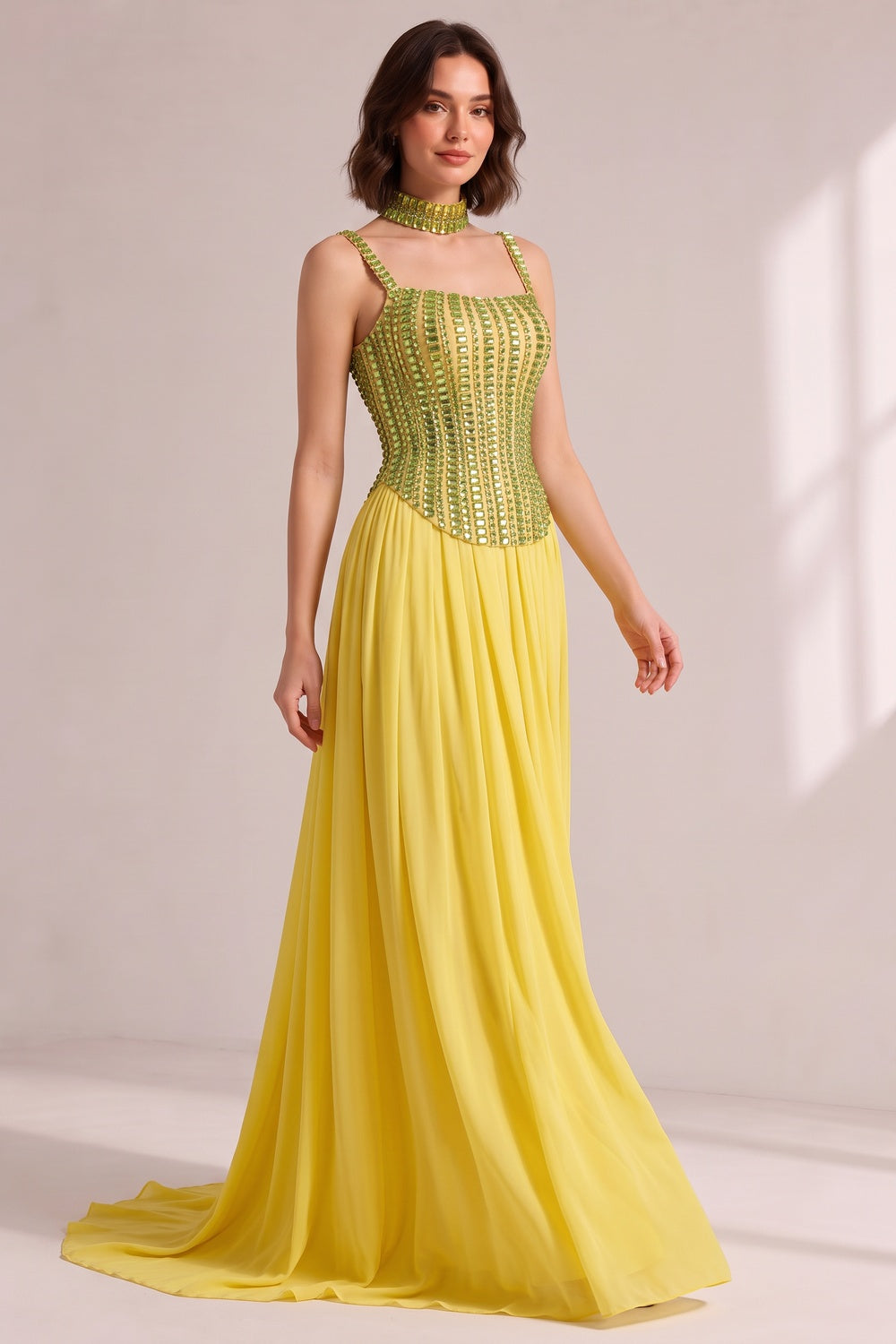 Lime Green Rhinestone Spaghetti Strap Choker Neck Pleated Chiffon Train Evening Gown - OWNCI