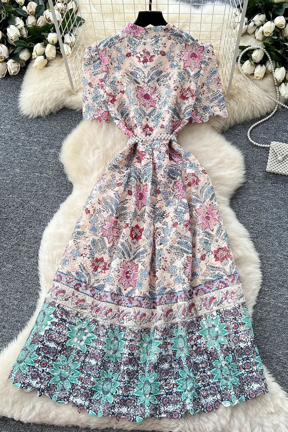 Cream Guipure Lace A-Line Dress - OWNCI