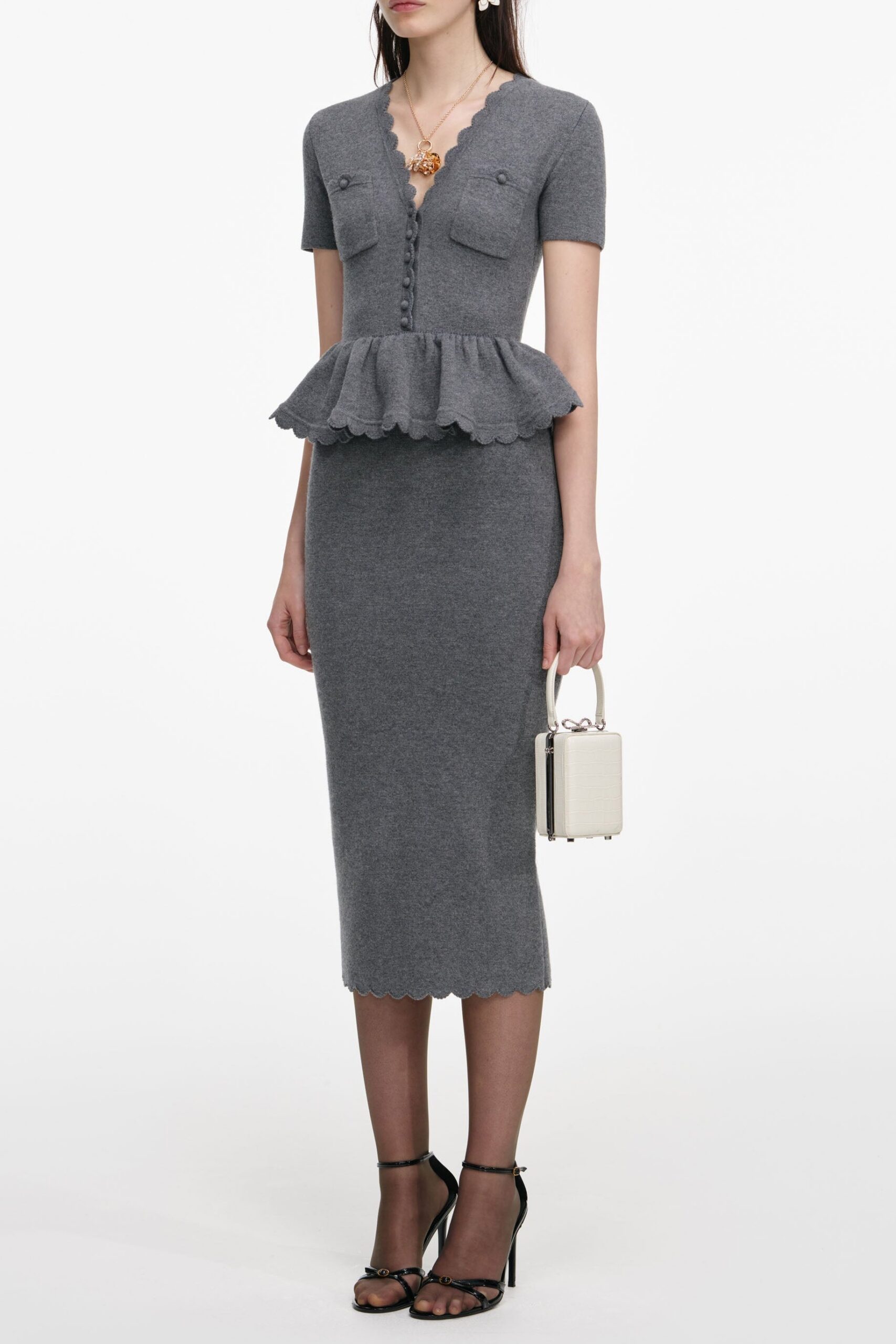 Mandy V-Neck Peplum Knit Midi Dress In Grey - OWNCI