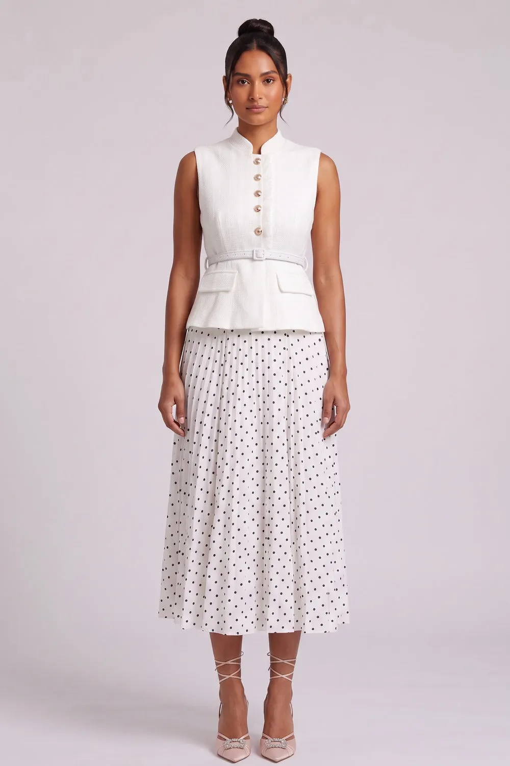 Sleeveless Textured Vest & Polka‑Dot Pleated Midi Skirt Two‑Piece Set - OWNCI Sleeveless Textured Vest & Polka‑Dot Pleated Midi Skirt Two‑Piece Set - OWNCI