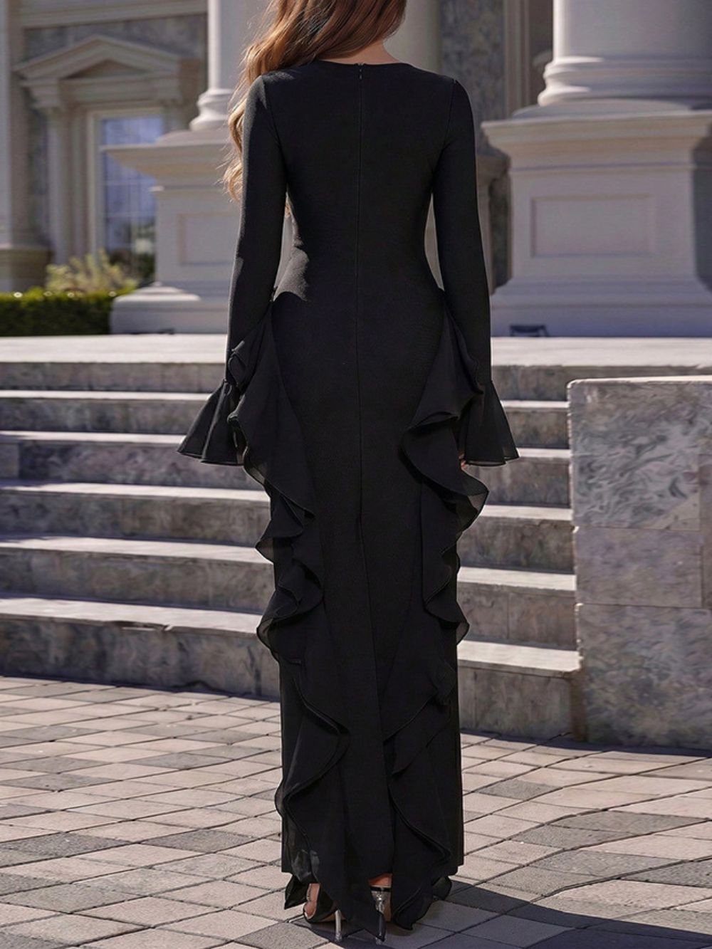 Long Sleeve Crystal Ruffle Detail Maxi Dress Black - OWNCI