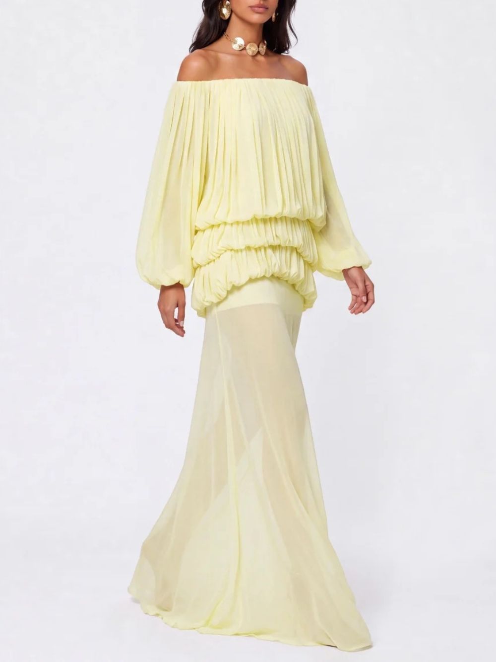 Gracja Off Shoulder Tiered Dress In Yellow - OWNCI Gracja Off Shoulder Tiered Dress In Yellow - OWNCI