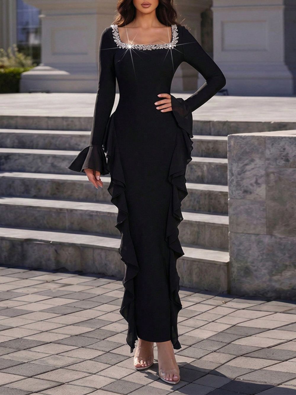 Long Sleeve Crystal Ruffle Detail Maxi Dress Black - OWNCI Long Sleeve Crystal Ruffle Detail Maxi Dress Black - OWNCI