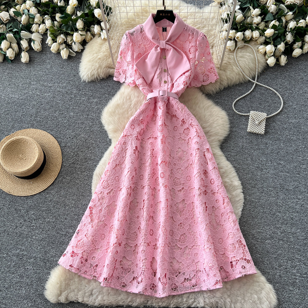 Light Pink Floral Lace A-Line Midi Dress - OWNCI Light Pink Floral Lace A-Line Midi Dress - OWNCI
