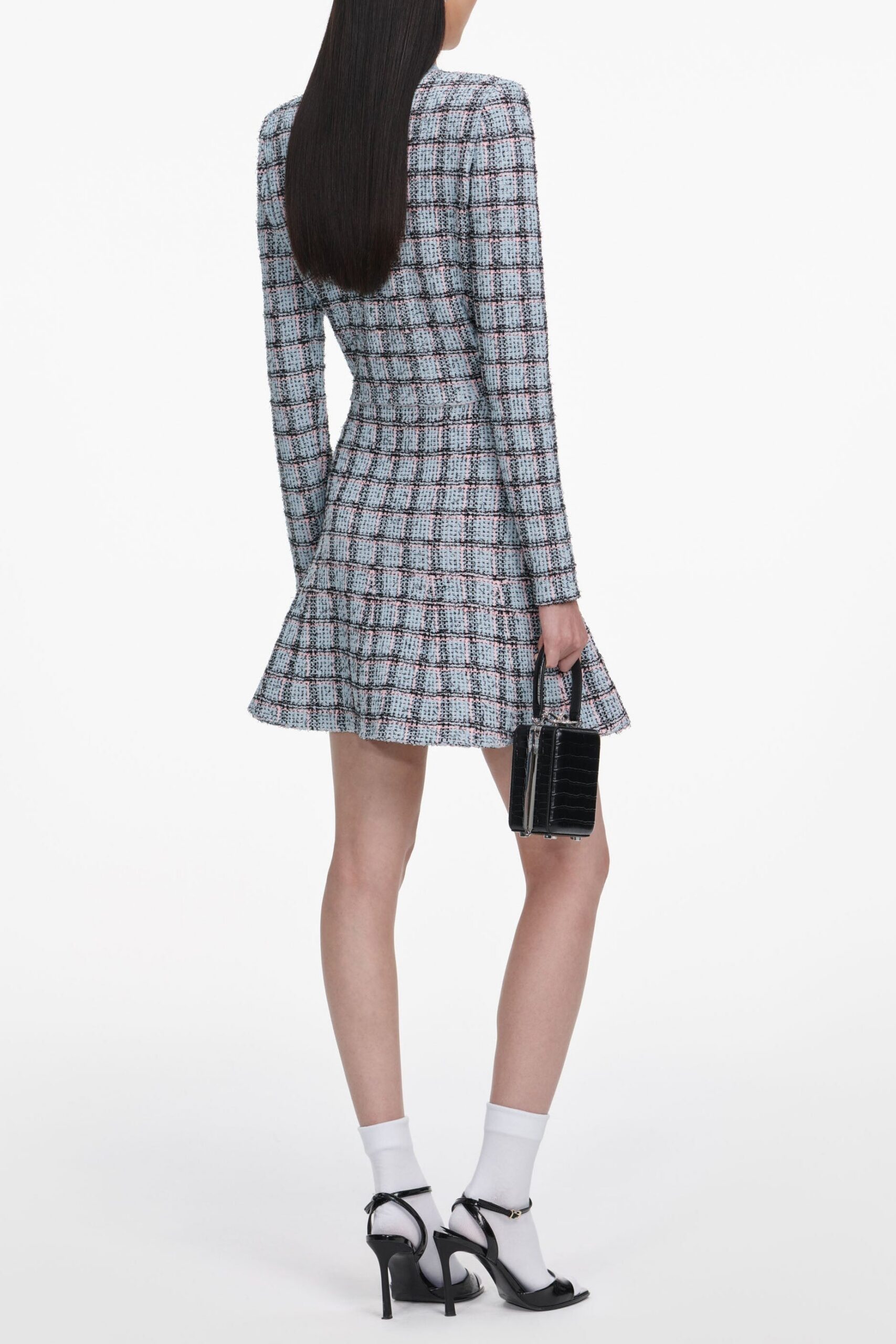 Marjorie Rhinestone Check Knit Cardigan Skirt Set – Pale Blue - OWNCI Marjorie Rhinestone Check Knit Cardigan Skirt Set – Pale Blue - OWNCI