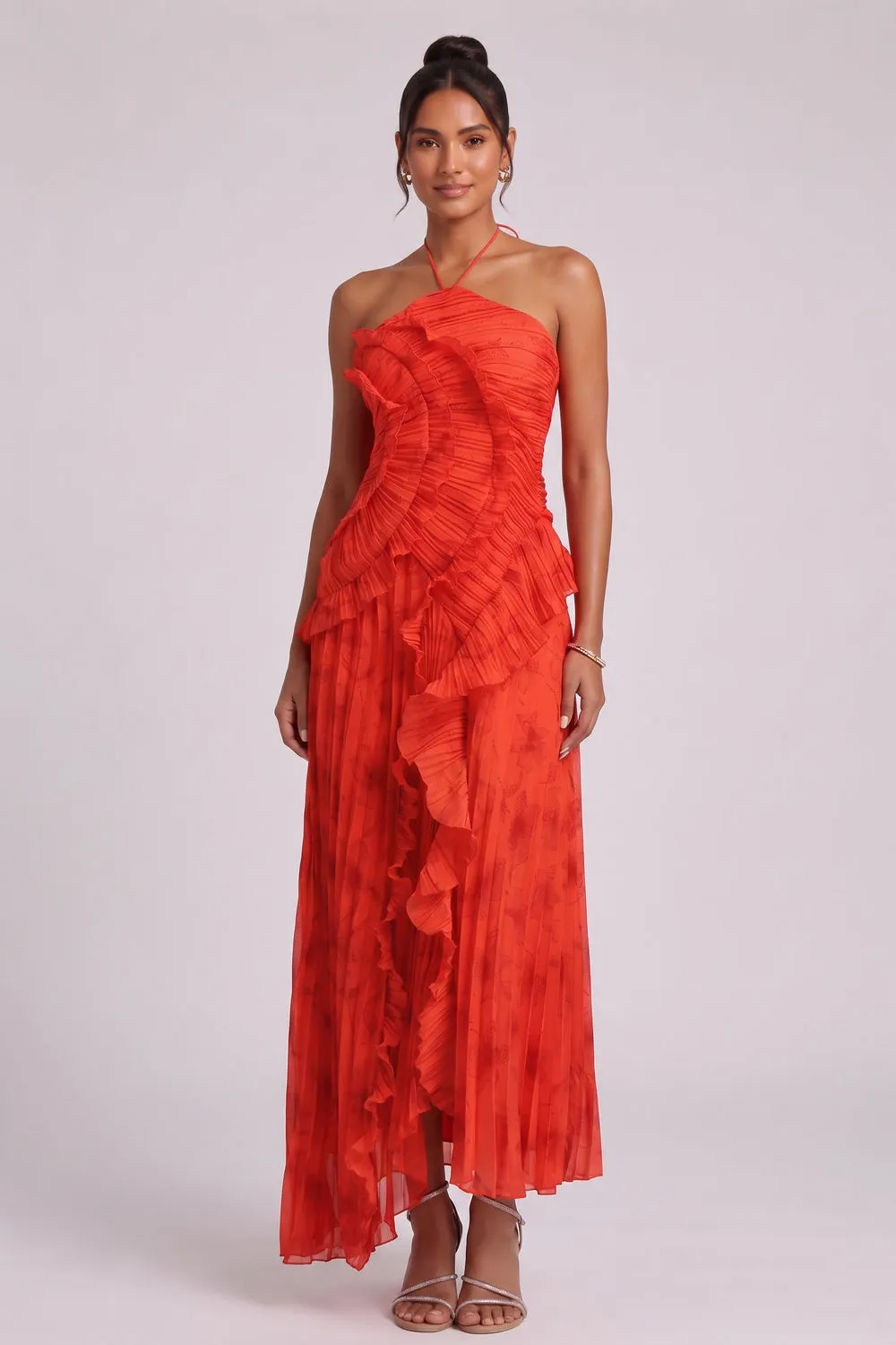 Red Chiffon A-Line Maxi Dress with Cascading Ruffles - OWNCI Red Chiffon A-Line Maxi Dress with Cascading Ruffles - OWNCI
