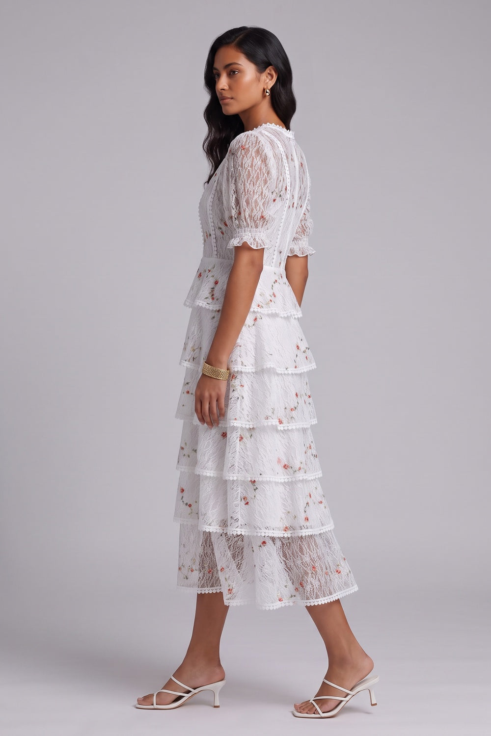 White Tiered Floral Midi Dress - OWNCI White Tiered Floral Midi Dress - OWNCI