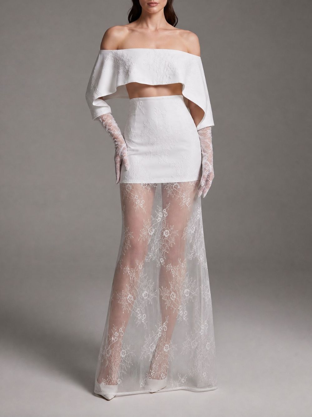 Lace Glove Sleeves Bardot Maxi Dress White - OWNCI