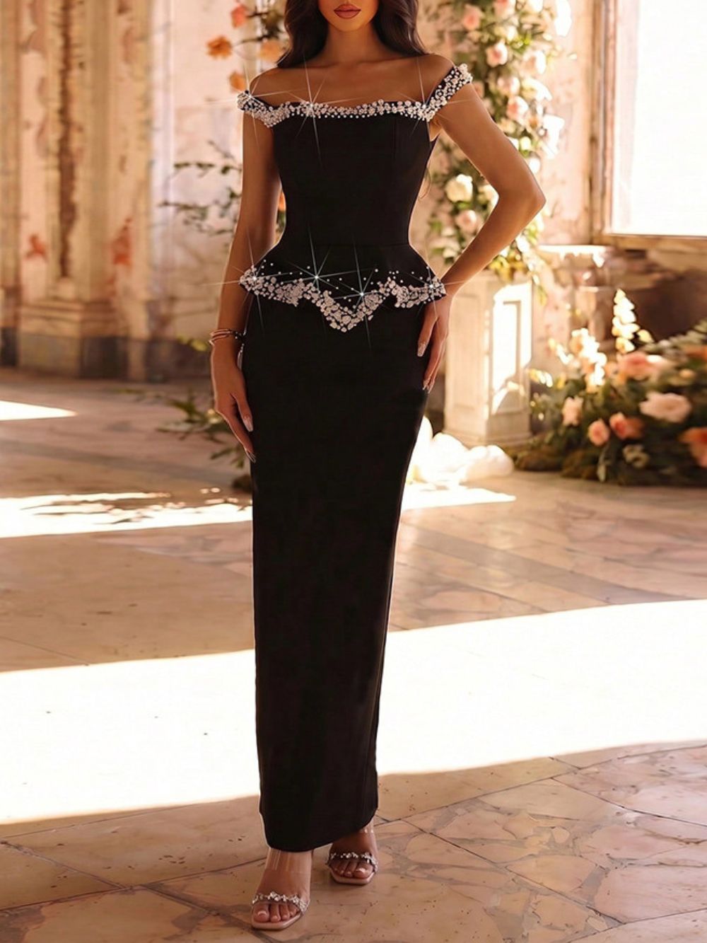 Crystal Pearl Peplum Detail Maxi Dress Black - OWNCI