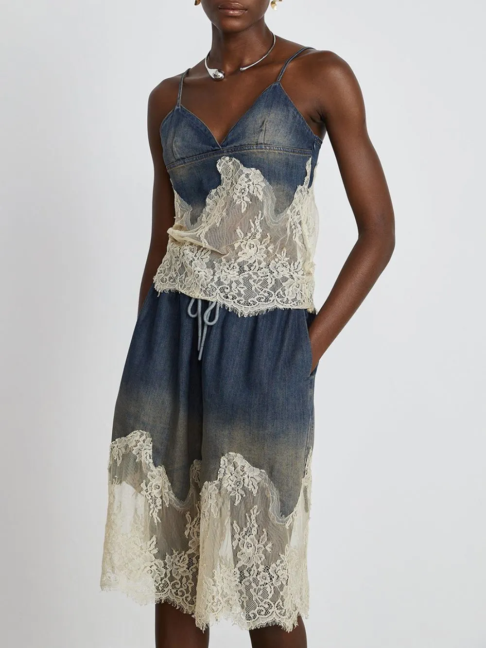 Denim & Lace Cami Top & Capri Pants Two Piece Set - OWNCI Denim & Lace Cami Top & Capri Pants Two Piece Set - OWNCI