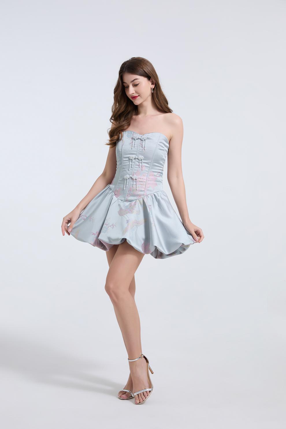 Lisa Jacquard Fishbone Bodice A-Line Mini Dress In Blue - OWNCI Lisa Jacquard Fishbone Bodice A-Line Mini Dress In Blue - OWNCI