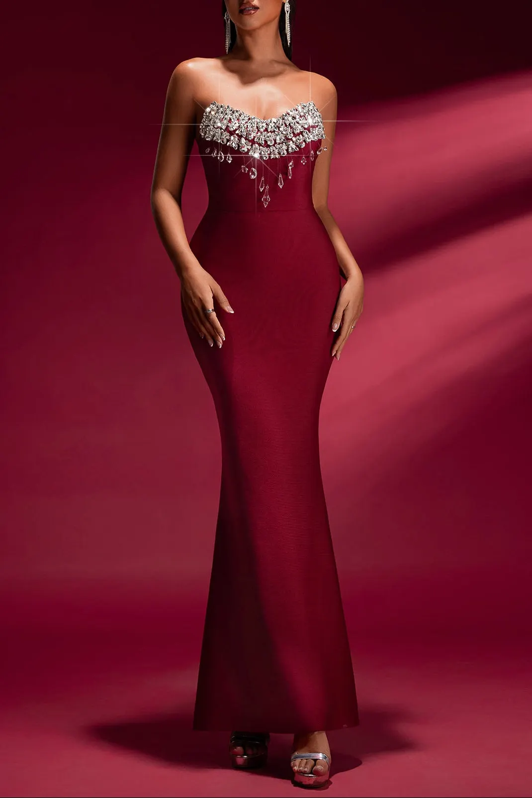 Tina Off-Shoulder Crystal Applique Bandage Mermaid Gown In Burgundy - OWNCI