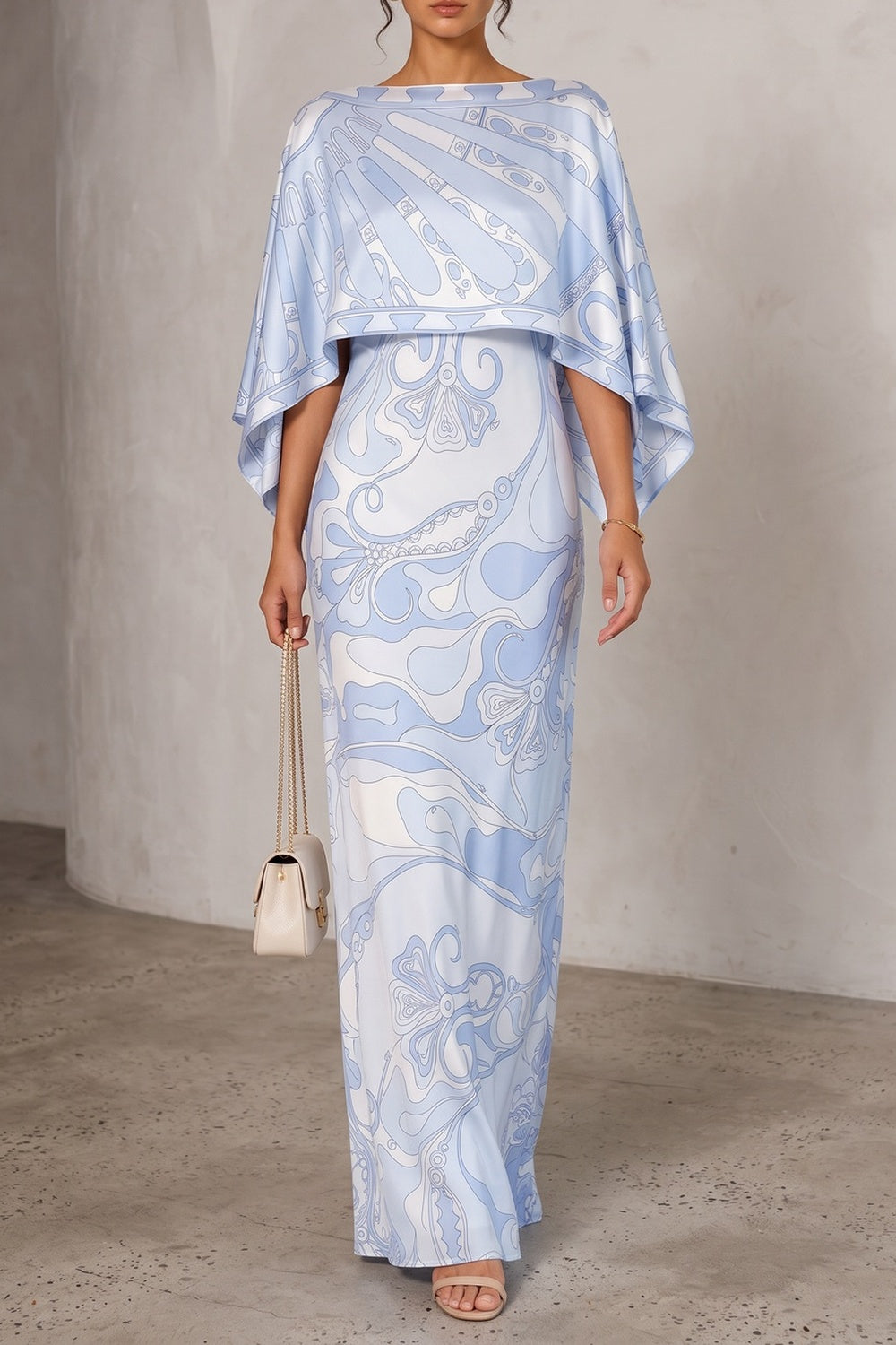 Printed Cape Satin Maxi Dress - OWNCI
