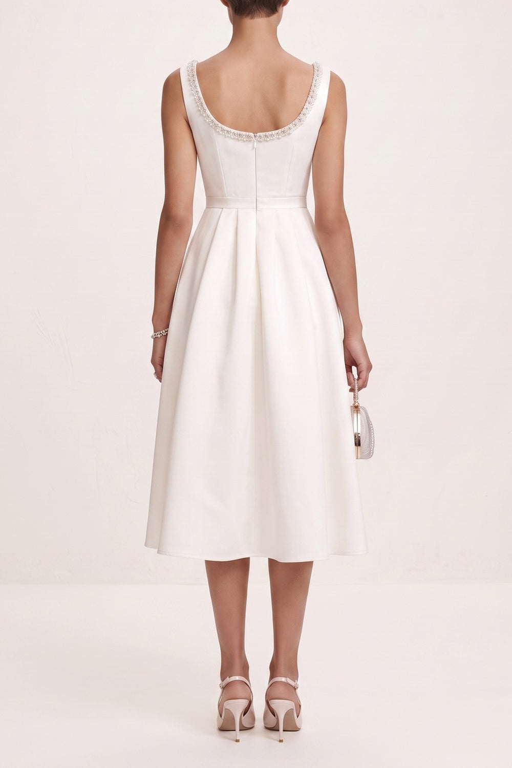 Crystal Trim Square Neck Sleeveless Bow Waist A-Line Midi Dress - OWNCI