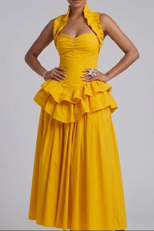 Yellow Ruffled Peplum Midi Dress - OWNCI Yellow Ruffled Peplum Midi Dress - OWNCI