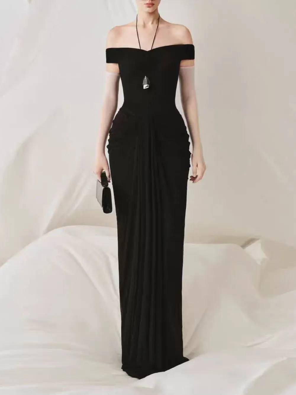 Draped Bardot Maxi Dress Black - OWNCI