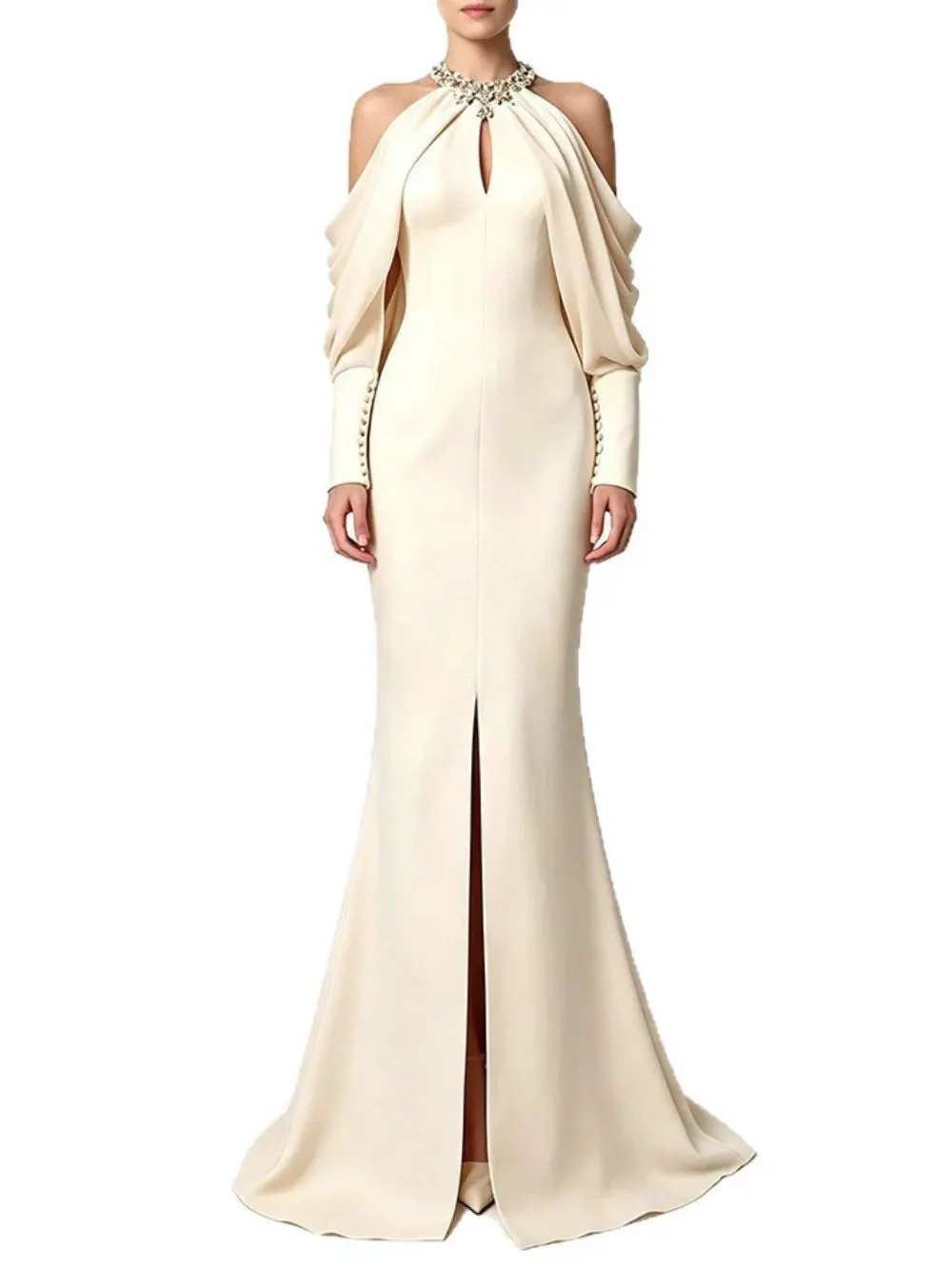 Halter Crystal Draped Maxi Dress - OWNCI