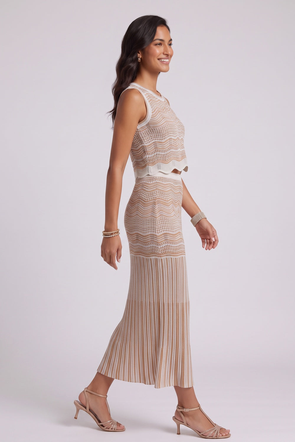 Beige Pointelle Knit Fitted Column Two-Piece Set - OWNCI Beige Pointelle Knit Fitted Column Two-Piece Set - OWNCI