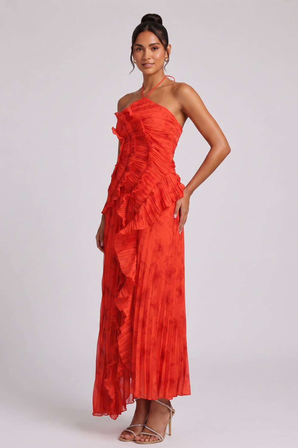 Red Chiffon A-Line Maxi Dress with Cascading Ruffles - OWNCI