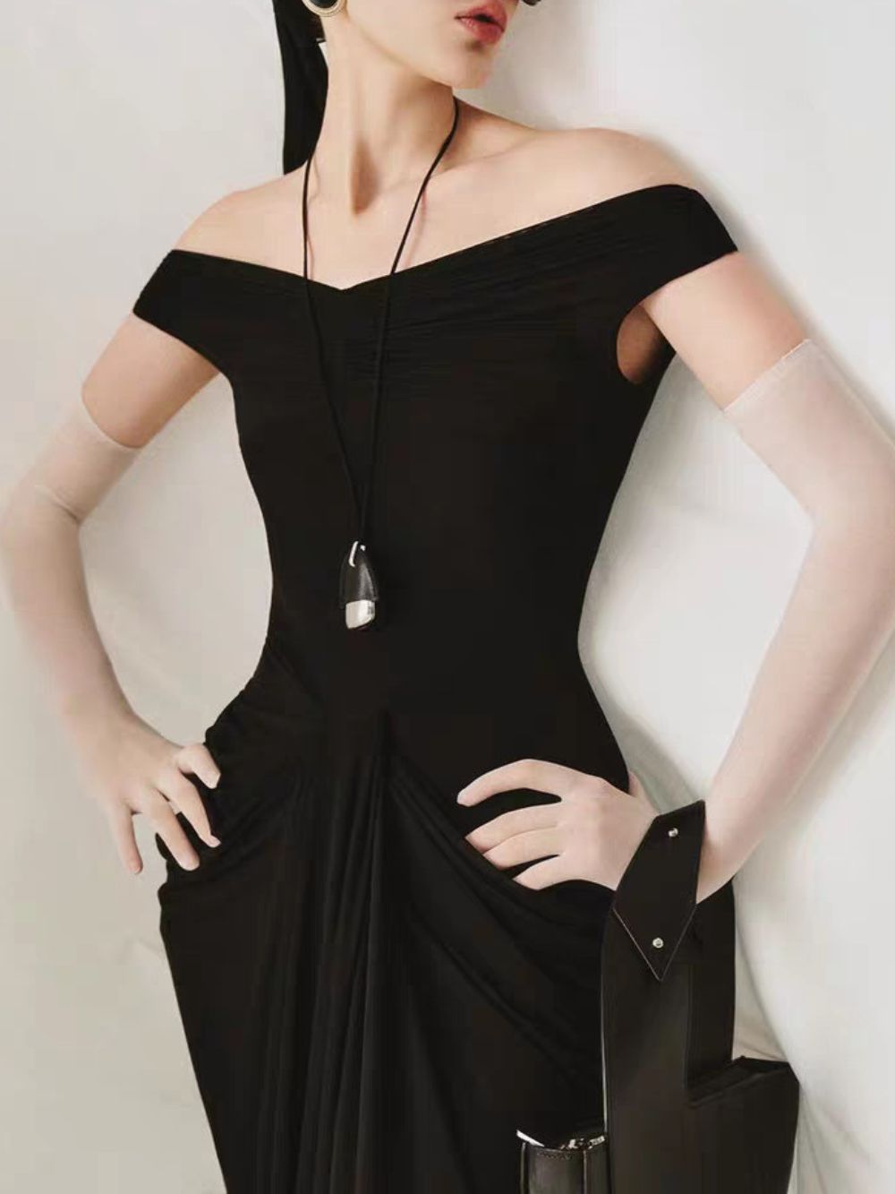 Draped Bardot Maxi Dress Black - OWNCI Draped Bardot Maxi Dress Black - OWNCI
