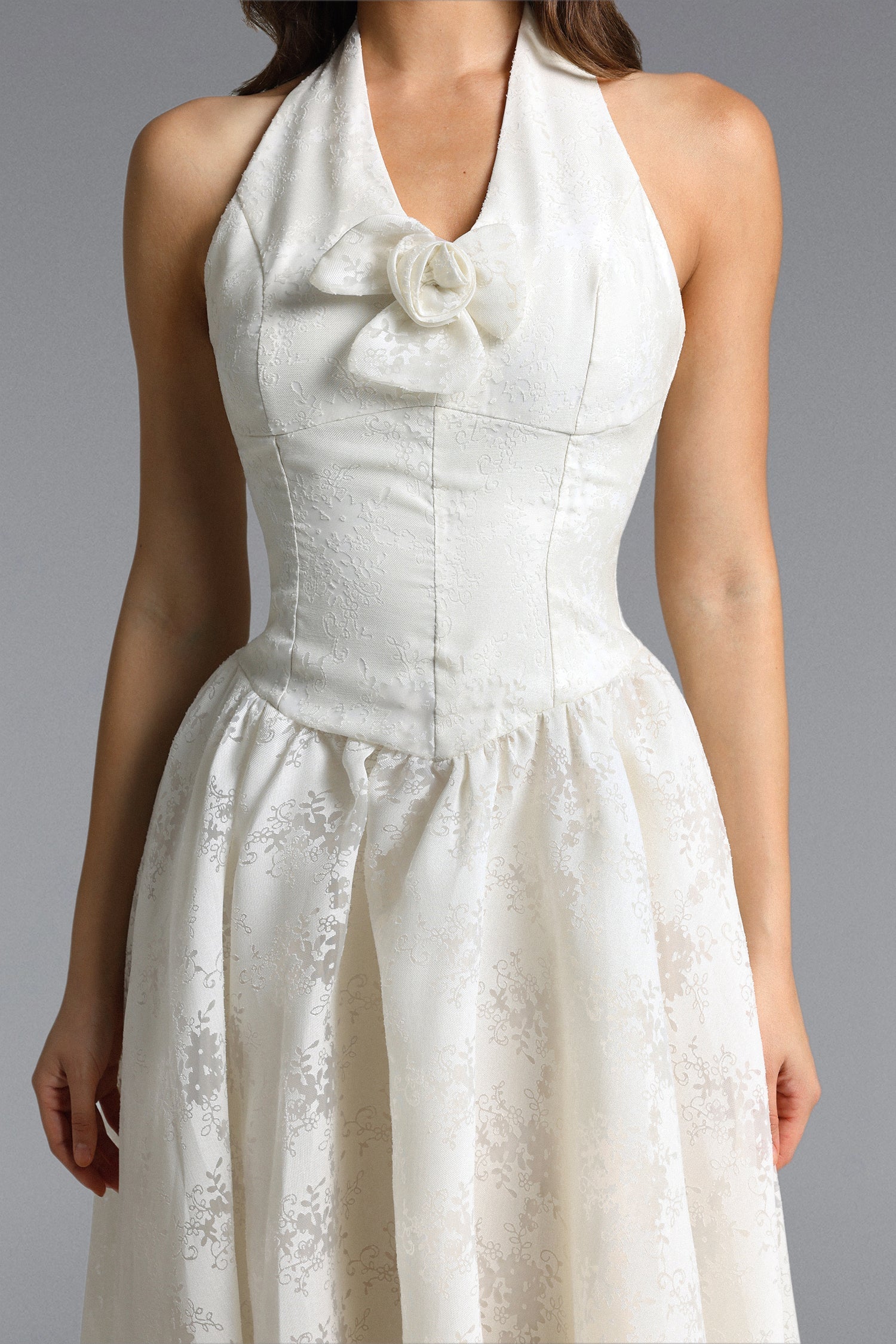 Delaney White Halter Floral Jacquard Midi Dress - OWNCI Delaney White Halter Floral Jacquard Midi Dress - OWNCI
