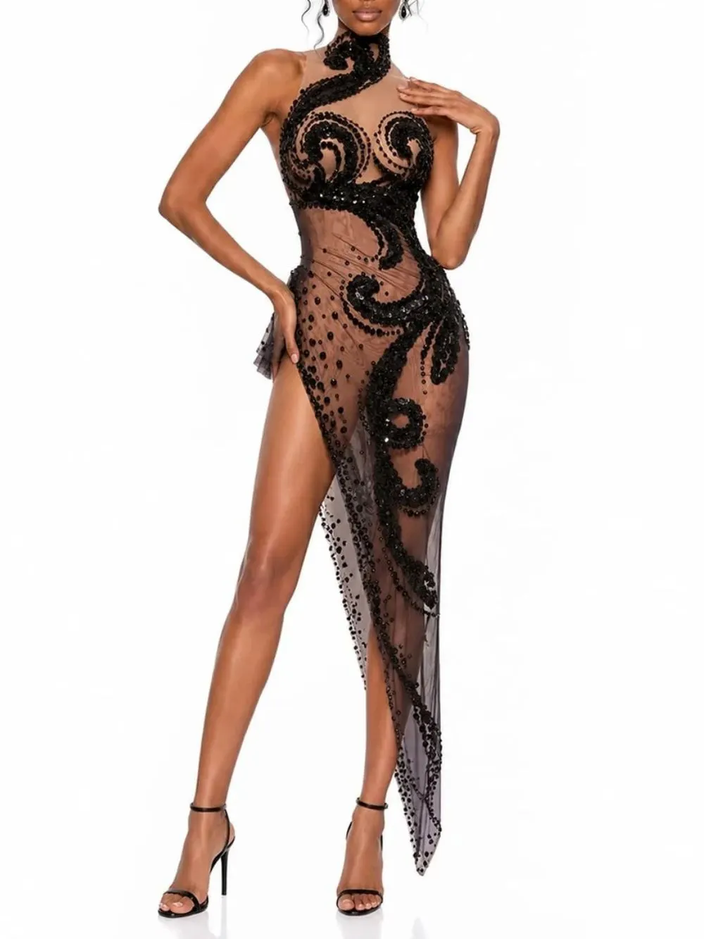 Abrisel High Neck Rhinestone Maxi Dress - OWNCI