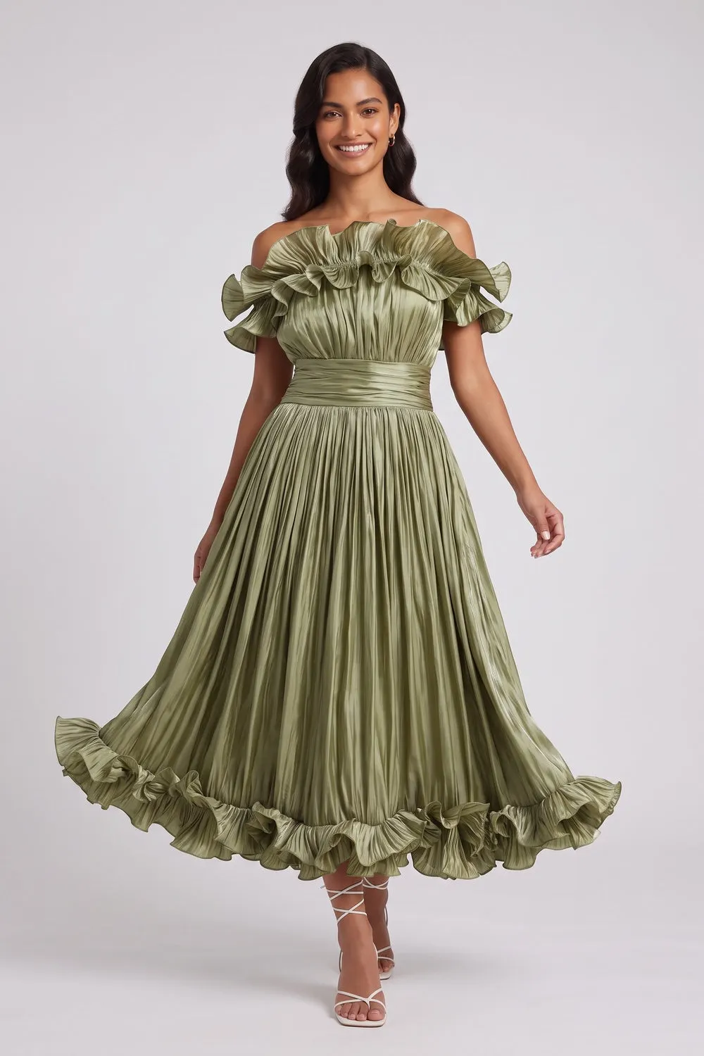 Olive Green Pleated Satin Or Taffeta Fit-And-Flare, Off-The-Shoulder Midi Dress - OWNCI Olive Green Pleated Satin Or Taffeta Fit-And-Flare, Off-The-Shoulder Midi Dress - OWNCI