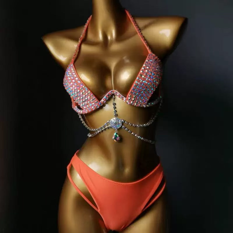 Orange Rhinestone Halter Two‑Piece Bikini Set With Crystal Body Chain - OWNCI